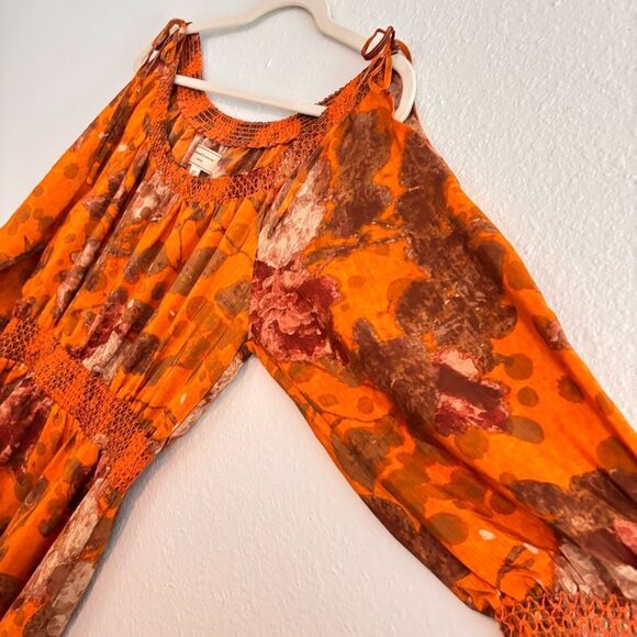 ANTHROPOLOGIE Moulinette Soeurs Fall Orange Floral Cold Shoulder SILK Dress 6P - Picture 4 of 7